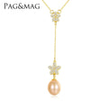 PAG&MAG Party Elegant Flower Pearl Pendant Necklaces 925 Sterling Silver with Cubic Zirconia Jewelry