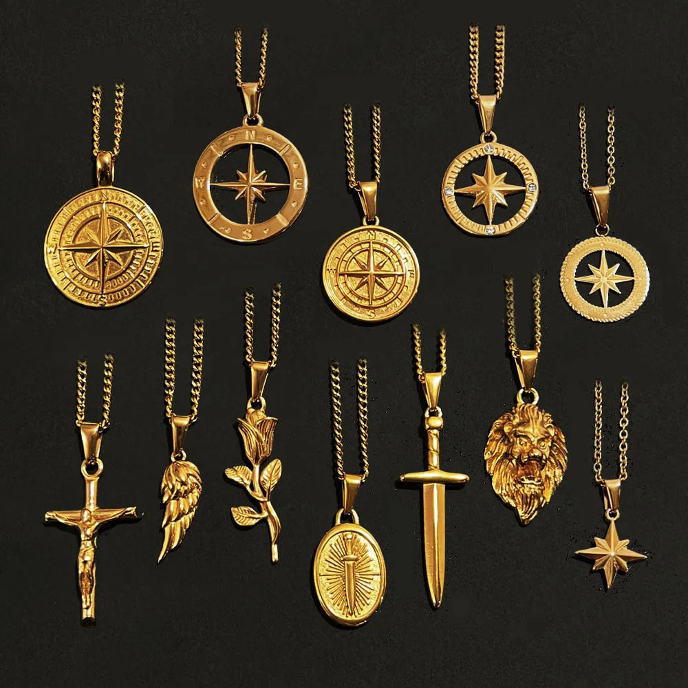 Boho Rose Flower Jewelry Lion Head Sword Compass Necklace Stainless Steel Tarnish Free Gold Jesus Cross Crucifix Necklace