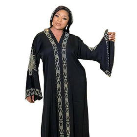 CCY Islamic Clothing Maxi Muslim Rhinestone Abaya Dresses V Neck African Long Sleeve Dress Abaya for Women