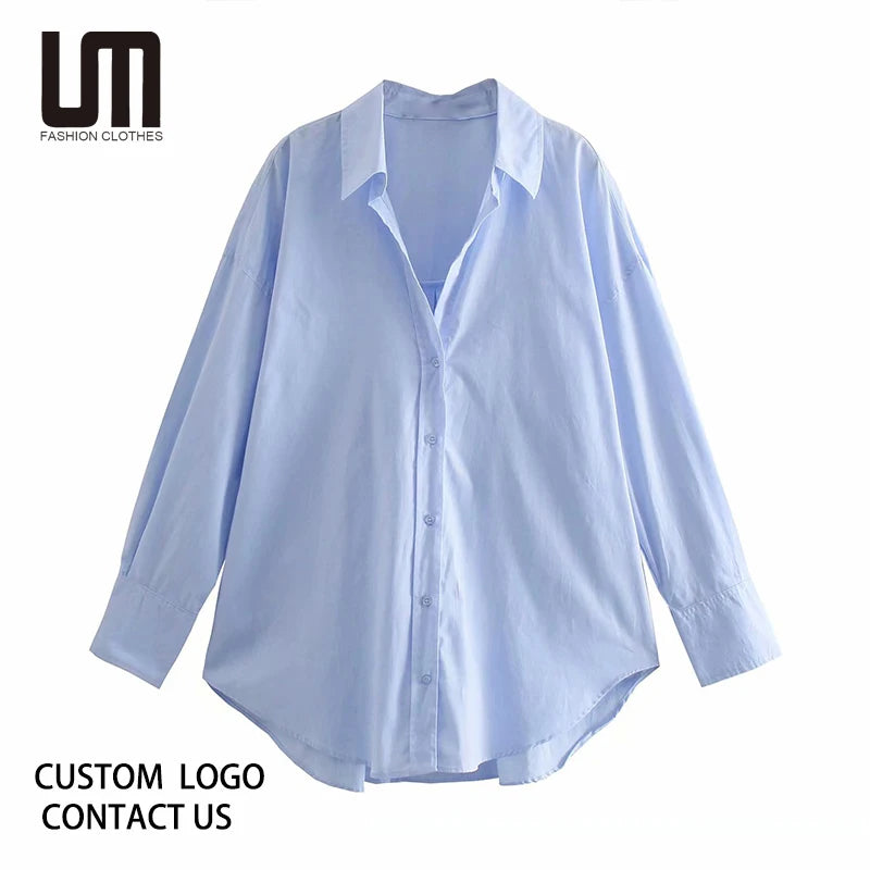 Liu Ming Women's Chic Tops Casual Style Button-up Asymmetry Blouses with Front Logo Simple Fashion Long Sleeve Clearance Sales