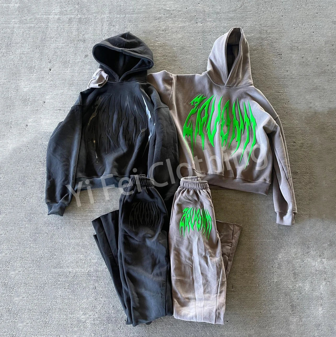 Manufacturer 400 Gsm 100% Cotton Hoodies and Sweatpants Sweatsuit Men Puff Print Acid Wash Tracksuit for Men