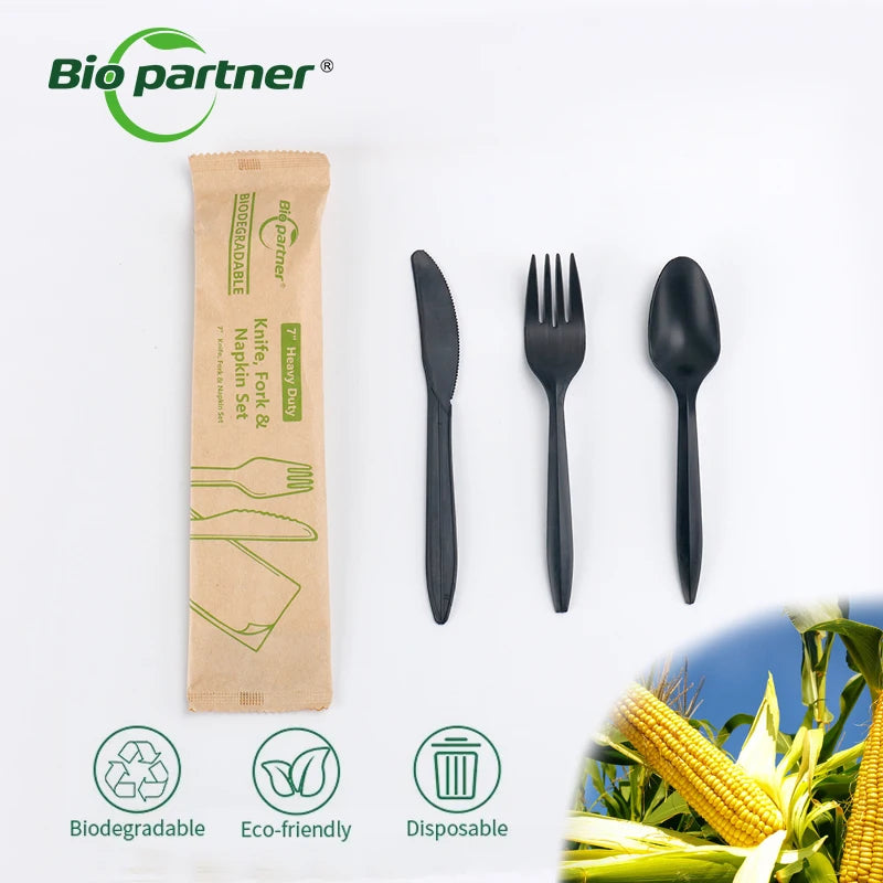 Custom Logo Bio-Based Corn Starch Knife Fork Spoon Disposable Tableware Set Restaurant Takeaway Cutlery for Back to School