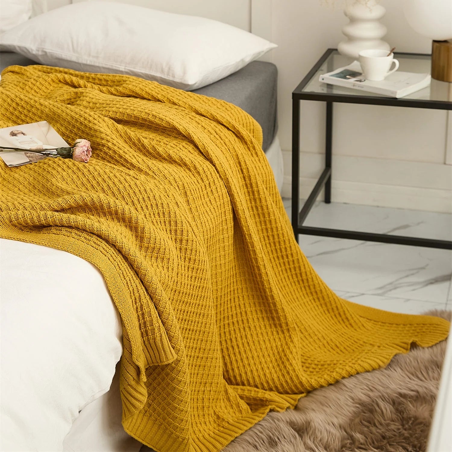 Wholesale New Spring  Waffle Plaid Blanket Fashionable  Wearable Organic Cotton Knitted  Blanket Home Decoration YS