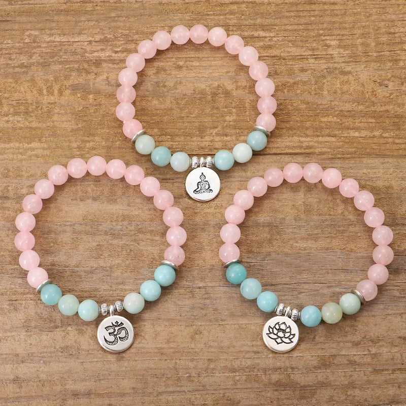 New Arrival Gemstone Amazonite Beaded Bracelet Lotus Buddha Symbol Charm Elastic Yoga Bracelet
