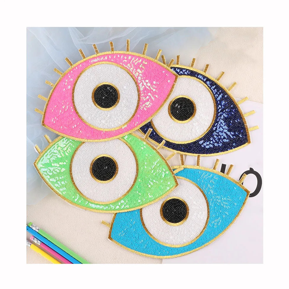 Embroidered PET Sequins Eyes Patch for Clothing for Jeans Backpack Decoration Hot Melt Adhesive Iron Fabric Garment Patches