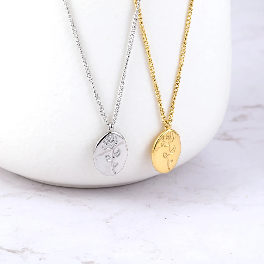 Best Selling 18k Gold Plated Stainless Steel Dainty Oval Rose Flower Pendant Necklace for Valentine's Day Gift Women