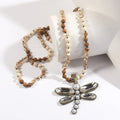 Tribal Jewelry Gemstone lava Necklace 6mm Map Stone Knotted Pearl Crystal Dragonfly Pendant Necklace