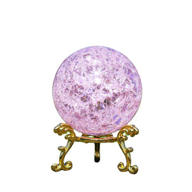 60mm Pink Ice Crack Ball with Golden Stand Glass Crystal Ball Decorative for Accessories Rockery Ornaments