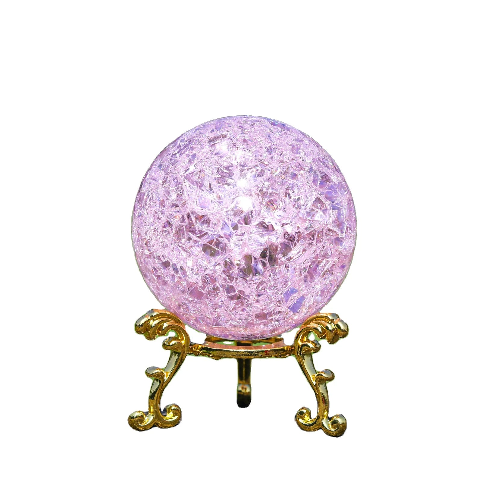 60mm Pink Ice Crack Ball with Golden Stand Glass Crystal Ball Decorative for Accessories Rockery Ornaments