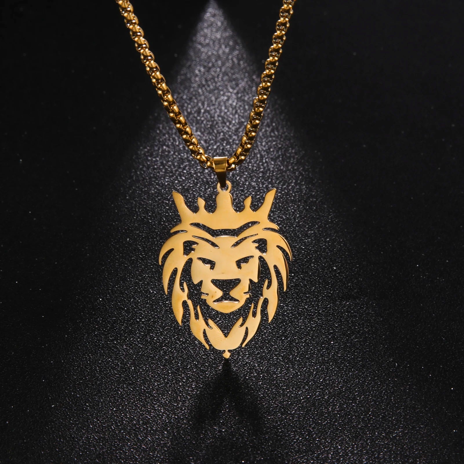 MyShape Lion with King Crown Necklaces for Men Punk Animal Stainless Steel Pendant Necklace Choker Box Chain Fashion Jewelry