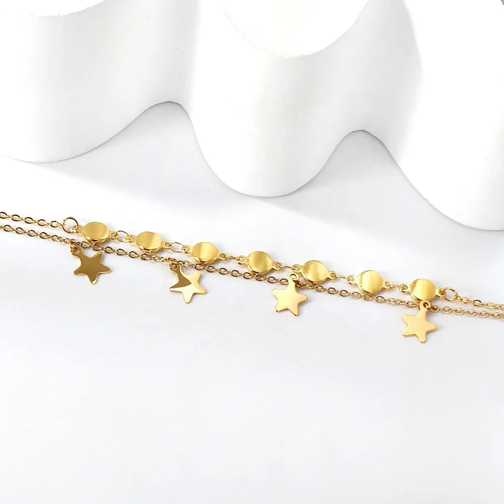 Trendy 18k Gold Plated Foot Jewelry Round Piece Star Anklet Chain Double Stainless Steel Anklets for Women