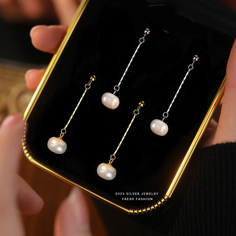Trendy Women Jewelry Hanging Dangling Studs Earring 925 Sterling Silver Long Tassel Pearl Earrings
