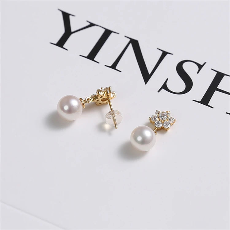 Ladies Gifts Gold Color Custom Design Sterling Silver Zircon Flower Pearls Drop Earrings