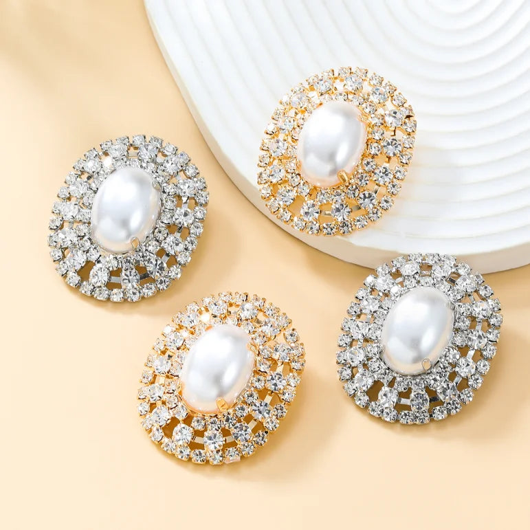 2024 Fashion Metal Rhinestone Imitation Pearl Oval Stud Earrings Bridal Wedding Luxury Jewelry Women's Elegant Accessories
