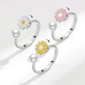 Trendy Spinning Ring Flower Ring Pearl Gold Plated Adjustable Epoxy Real Silver Enamel Daisy Fidget Rings for Anxiety