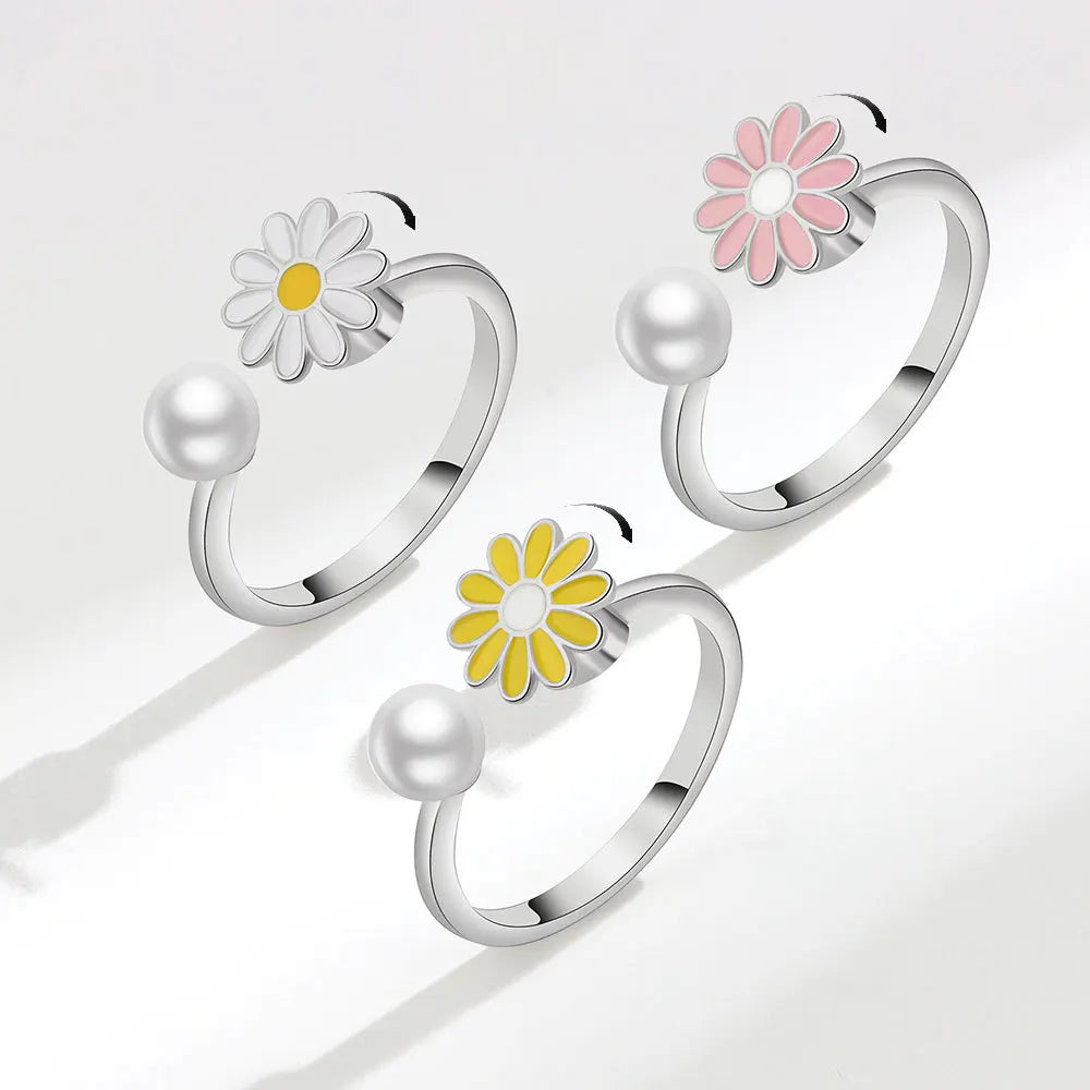 Trendy Spinning Ring Flower Ring Pearl Gold Plated Adjustable Epoxy Real Silver Enamel Daisy Fidget Rings for Anxiety