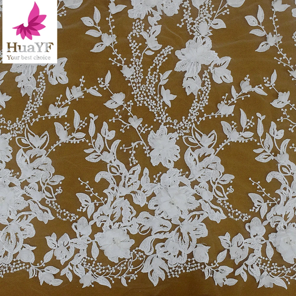 HY2865 2024 High-end White French 3D Applique Lace Fabric Rhinestone Embroidery Pearl Tulle Lace Wedding Dress Fabric
