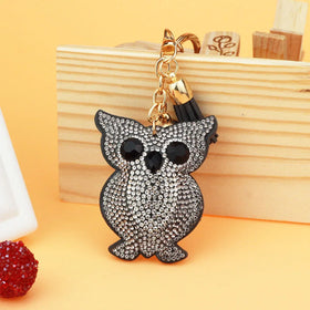 Cute Fashion Animal Owl Key Rings Bling Crystal Rhinestone Key Chains Owl Keychain Bag Charm Pendant Leather Tassel Owl Keychain