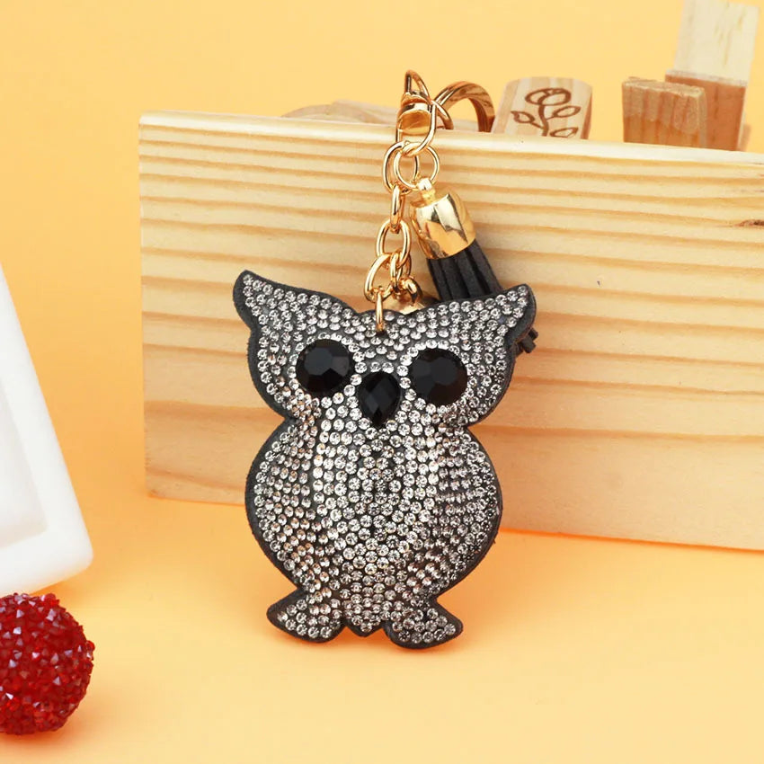 Cute Fashion Animal Owl Key Rings Bling Crystal Rhinestone Key Chains Owl Keychain Bag Charm Pendant Leather Tassel Owl Keychain
