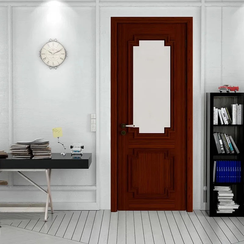 2026 New Design Brown Walnut Solid Wood Frame Security Door with Glass