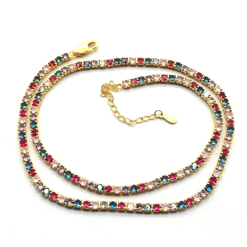 Daidan Tennis Necklace 3mm Turquoise Stone 925 Tennis Colorful Cubic Zircon Chain Ice Silver Tennis Turquoise Necklace