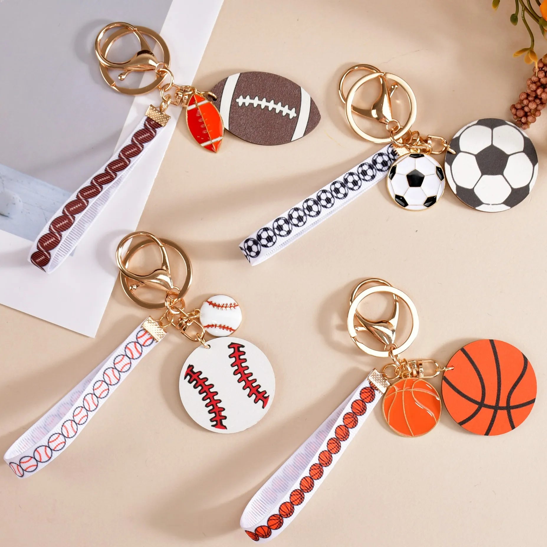 New Wood Rugby Basketball Football Baseball Pattern Fabric Wristlet Keychain with Ball Shape Charms