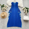 India Women's Casual Summer Mini Dress Plus Size Striped Chiffon Woven With Pleats Patterns Sleeveless Natural Waistline XS Fit