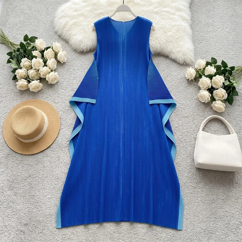India Women's Casual Summer Mini Dress Plus Size Striped Chiffon Woven With Pleats Patterns Sleeveless Natural Waistline XS Fit