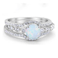Vintage Art Deco Three Piece Solid 925 Sterling Silver Round White Opal Wedding Engagement Bridal Set Trio Promise Ring Band