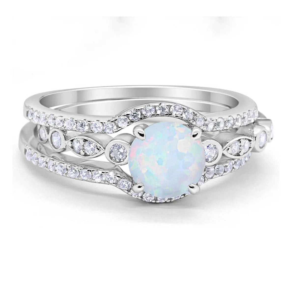 Vintage Art Deco Three Piece Solid 925 Sterling Silver Round White Opal Wedding Engagement Bridal Set Trio Promise Ring Band