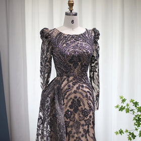 Jancember LSCZ246 Luxury Dubai Mermaid Muslim Evening Dress With Overskirt Long Sleeves Brown Arabic Plus Size Dress