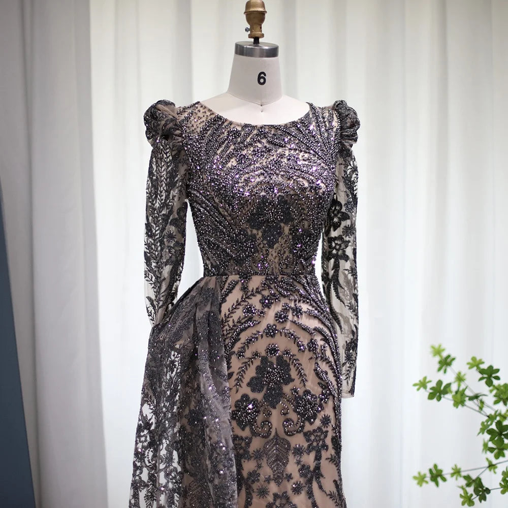 Jancember LSCZ246 Luxury Dubai Mermaid Muslim Evening Dress With Overskirt Long Sleeves Brown Arabic Plus Size Dress