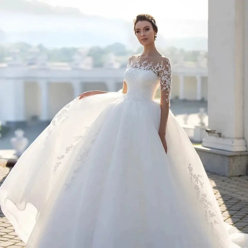 High Waist White Long-Sleeve Princess Bridal Wedding Dress Factory Sale Slimming Shoulder Hollow Luxury Lace Classic Style