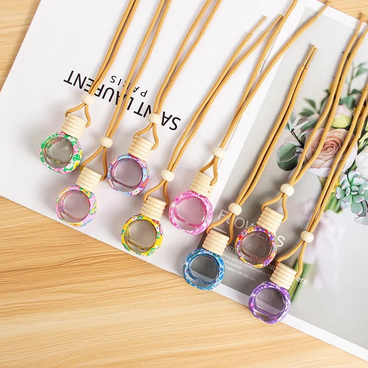 Women Gift Multi Colors Cute Clay Design Perfume Hanging Car Fragrance Bottle With Wood Cap