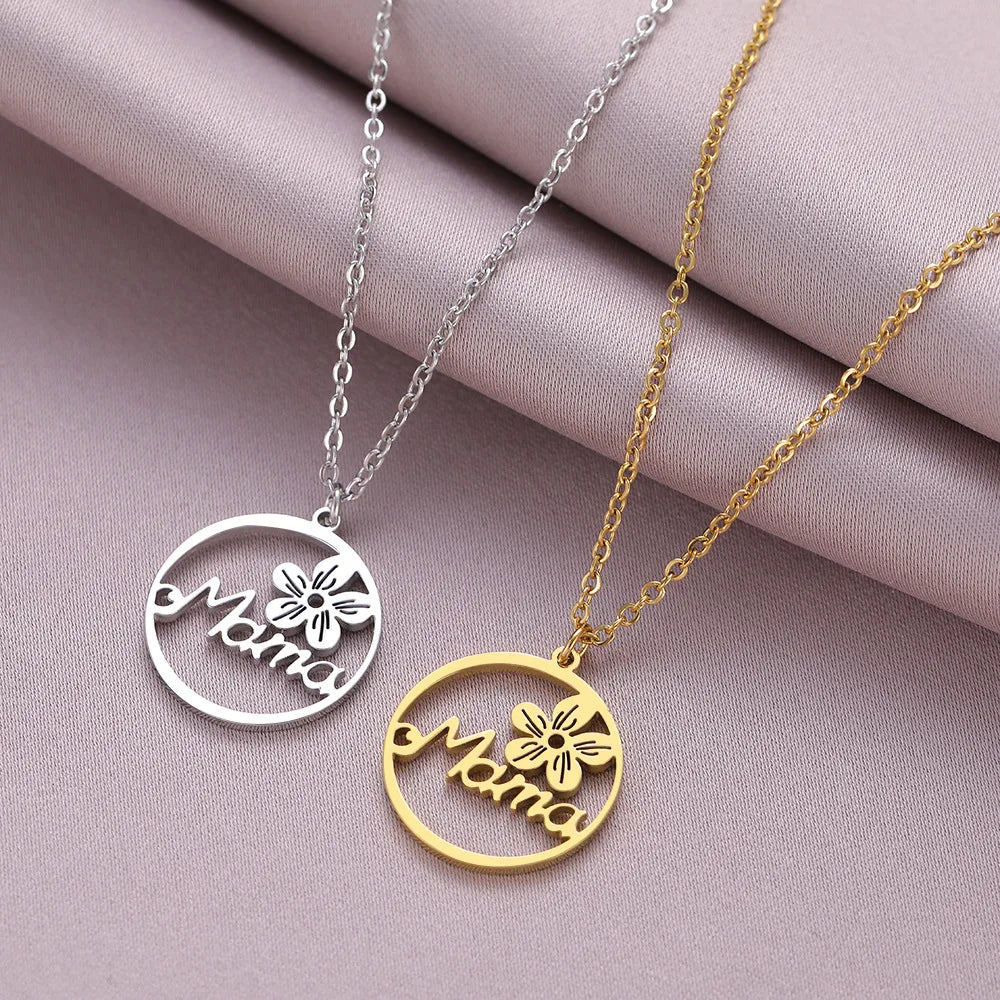 Mama Necklace Waterproof Jewelry 14k Gold Plated Stainless Steel Pendant Necklace Trendy Circle Mama Flower Necklace for Mother
