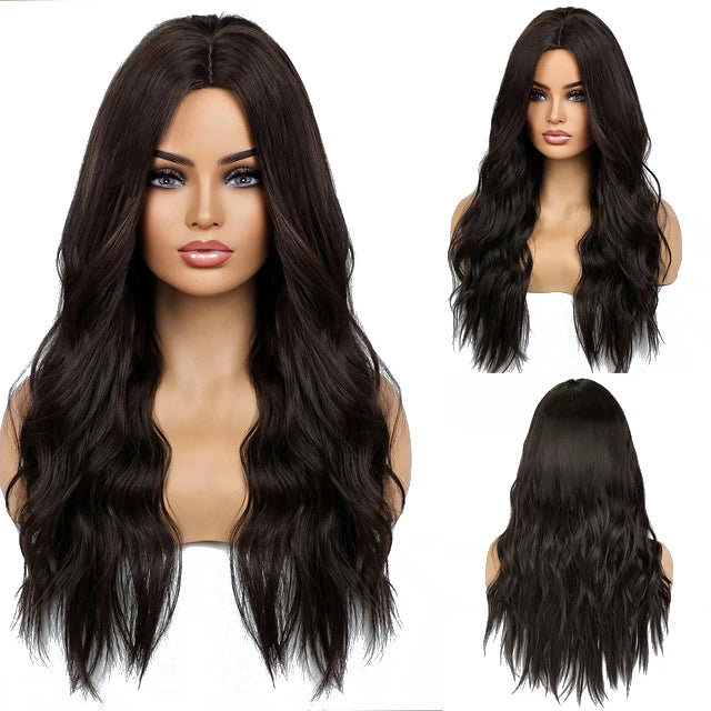 Long Curly Wave Black Brown Synthetic Wig for Women Natural Middle Parted Wigs Heat Resistant Chocolate Brown Hair
