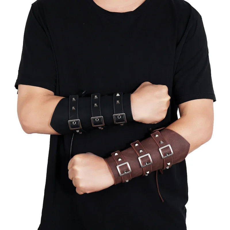 Vintage Punk New Exaggerated Men's Leather Wrist Guards Wristband Black Brown Wide Cuff Bracelets Bangles