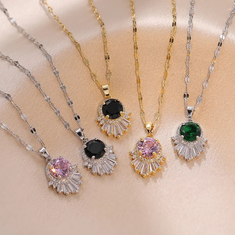 Stainless Steel New Colored Zircon Pendant Necklace Gold Silver Color Necklace in Stock