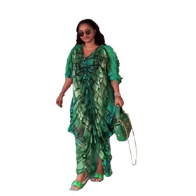 New Design Womens Two Piece Sets Chiffon Sets for Women Two Pieces Ostrich Feather African Print Dress