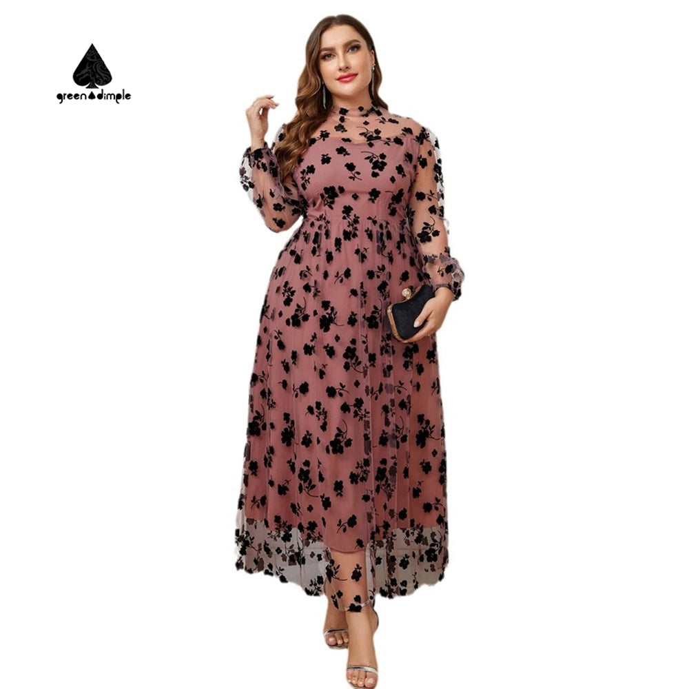 Plus Size High Neck Sheer Mesh Chiffon Floral Maxi Dress Long Sleeve Empire Waist Flowy Hem Vintage Elegant Casual Dress