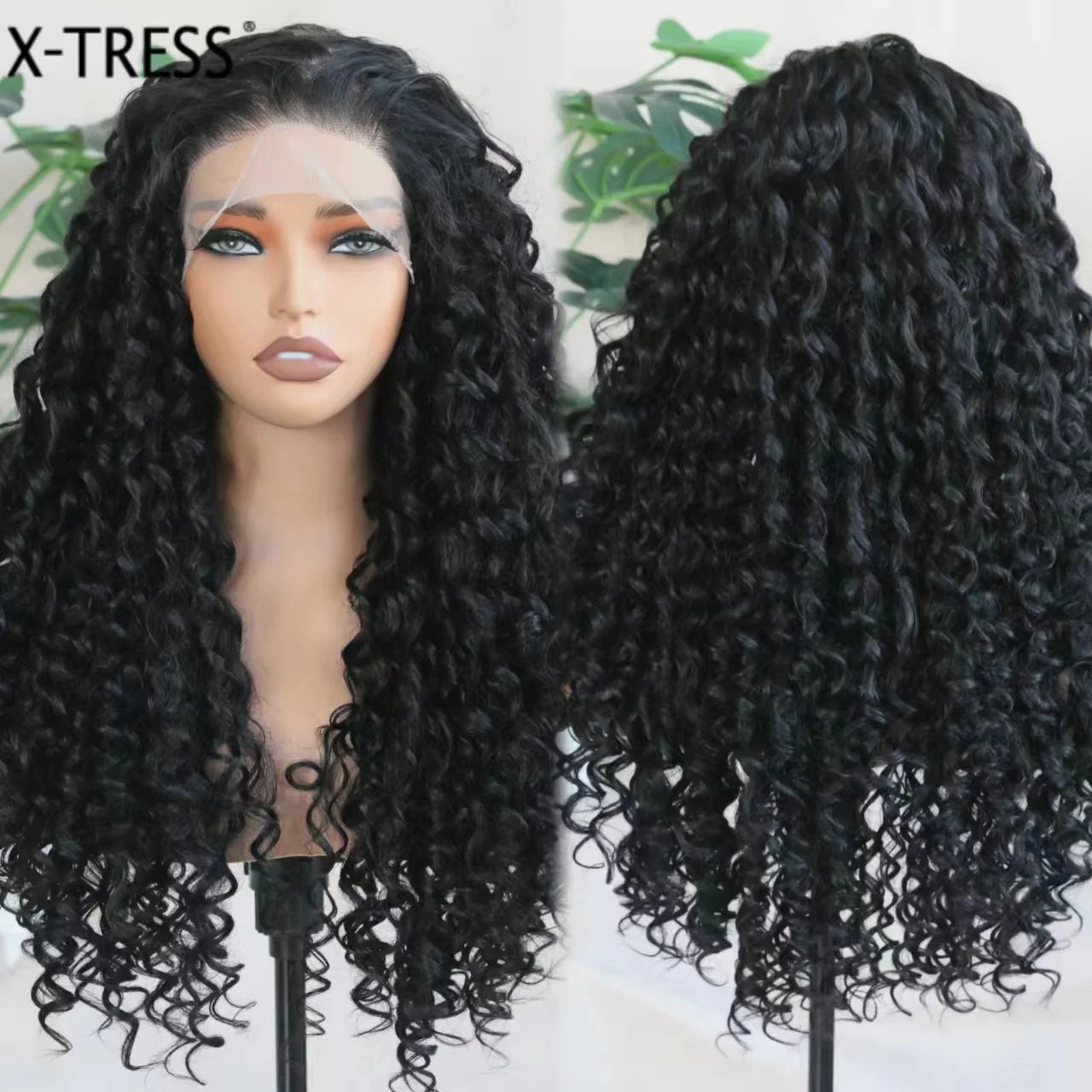 X-TRESS Black Synthetic Lace Front Wig  6*13 HD Lace Glueless Deep Loose Wave Wig Synthetic Wig Heat Resistant for Black Women