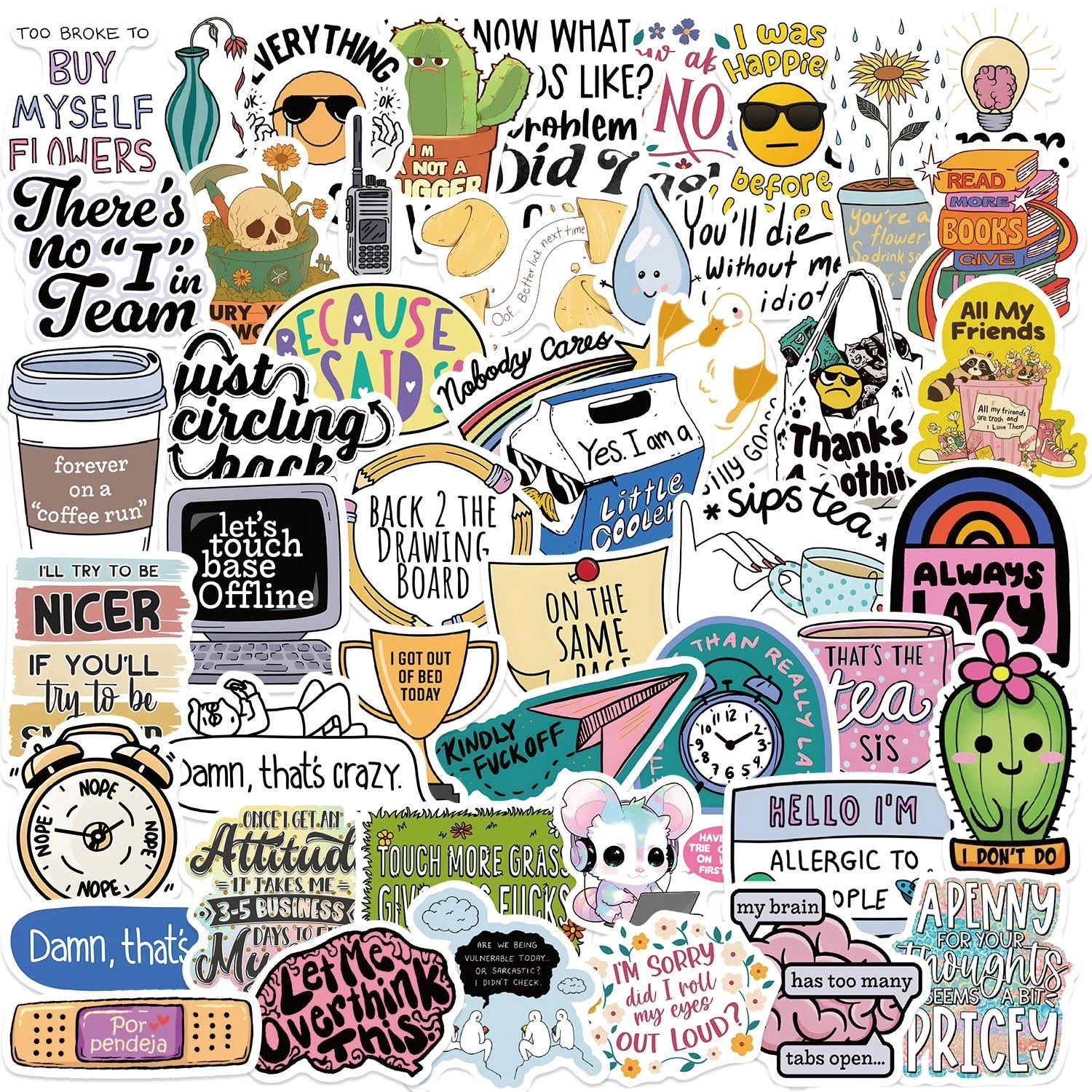 50 Pcs Satirical Graffiti PVC Waterproof Stickers for Skateboard Laptop Table Pencil Case Refrigerator Table and Books