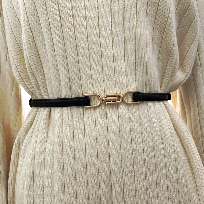Adjustable Gold PU Leather Waist Belt for Women Skinny and Thin Strap Dress Belt Female Dress Accessory
