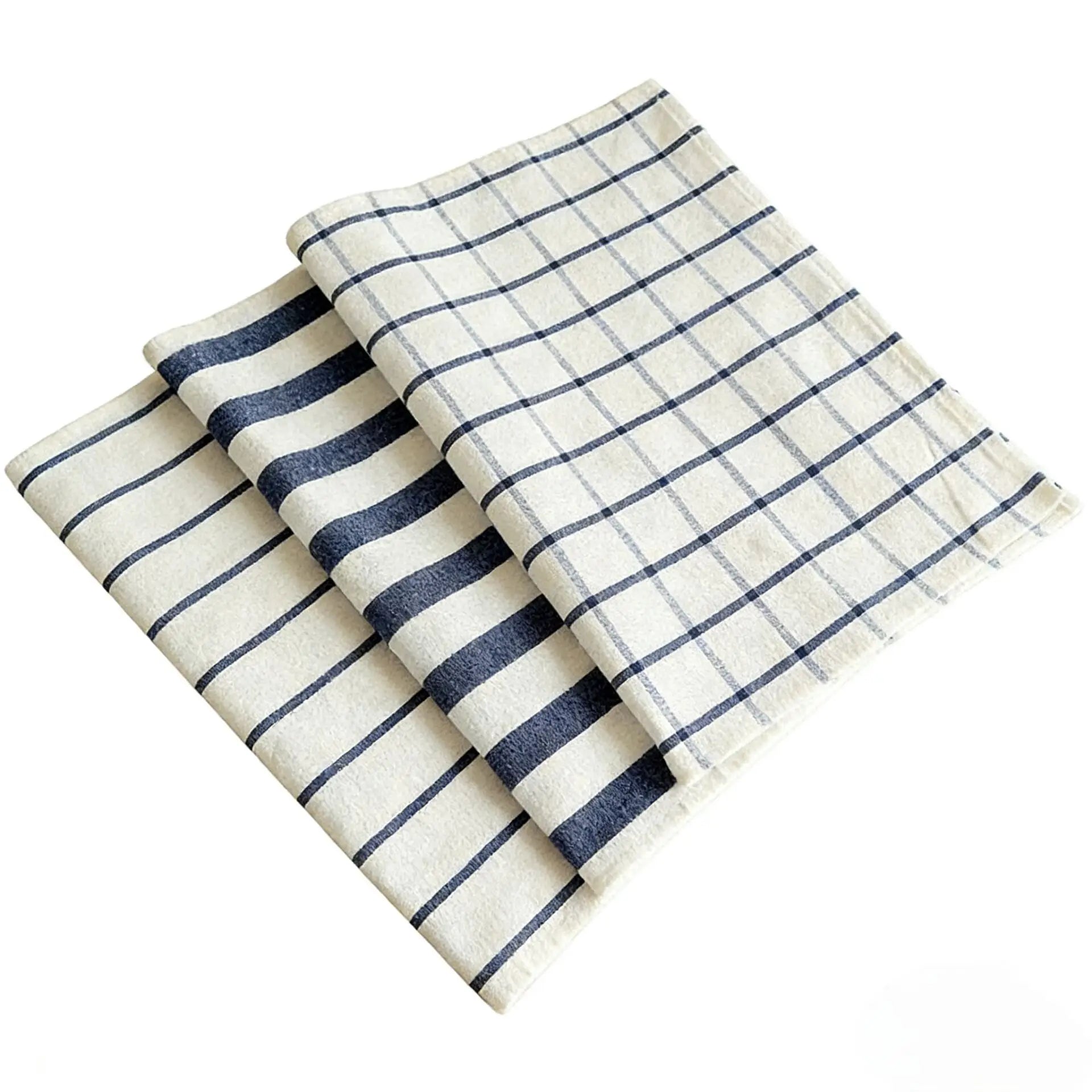 Muti-Purpose Cotton Tea Towels for Kitchen & Dining Large Reusable Farmhouse Blue Striped & Plaid Kitchen Towels
