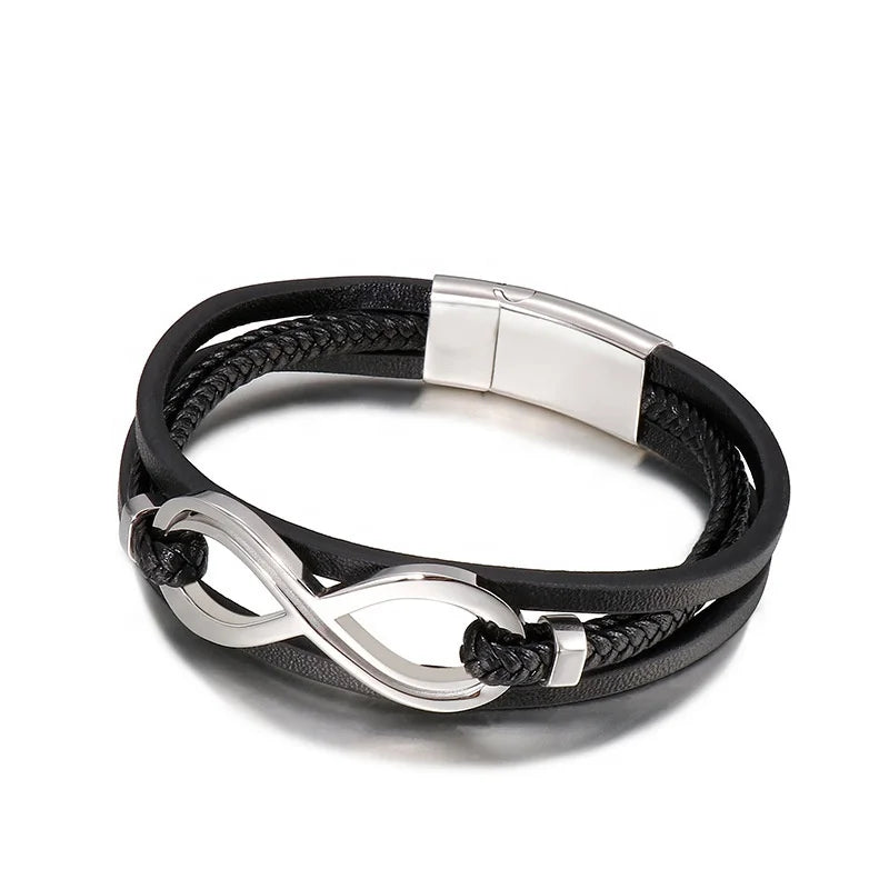 New Fashion Trend 8-character Infinite Leather Bracelet Personalized Woven Multilayer Stainless Steel Jewelry