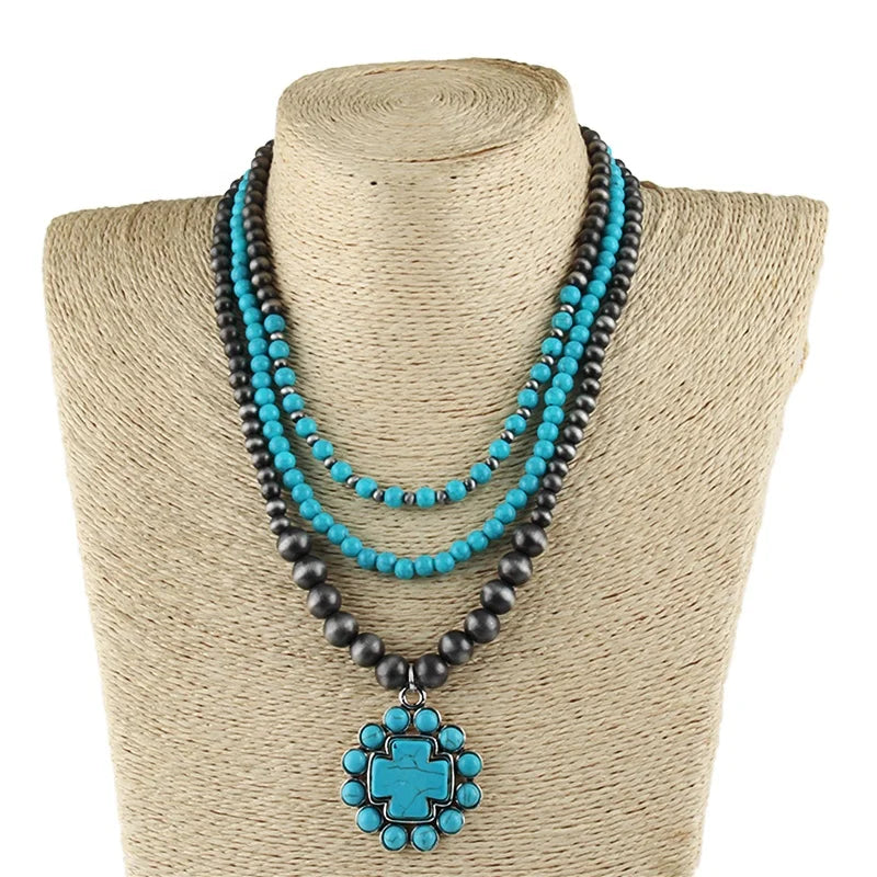 Fashion Women Jewelry 3 Layer Black Red Navajo Pearl Turquoise Beads Link Alloy Dragonfly Turquoise Cross Pendant Necklace
