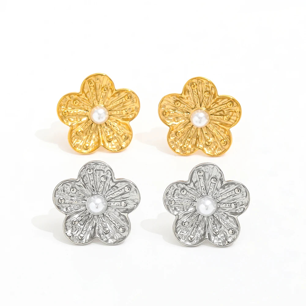 JOOLIM High-End Vintage Style Women's Jewelry 18K Gold Plated Wrinkle Flower Imitation Pearl Chunky Stud Stainless Steel