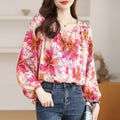 3XL Floral Print Shirt Women Long Sleeve Elegant Fashion Beautiful Chiffon Blouse Lady Buttons Top 8057#