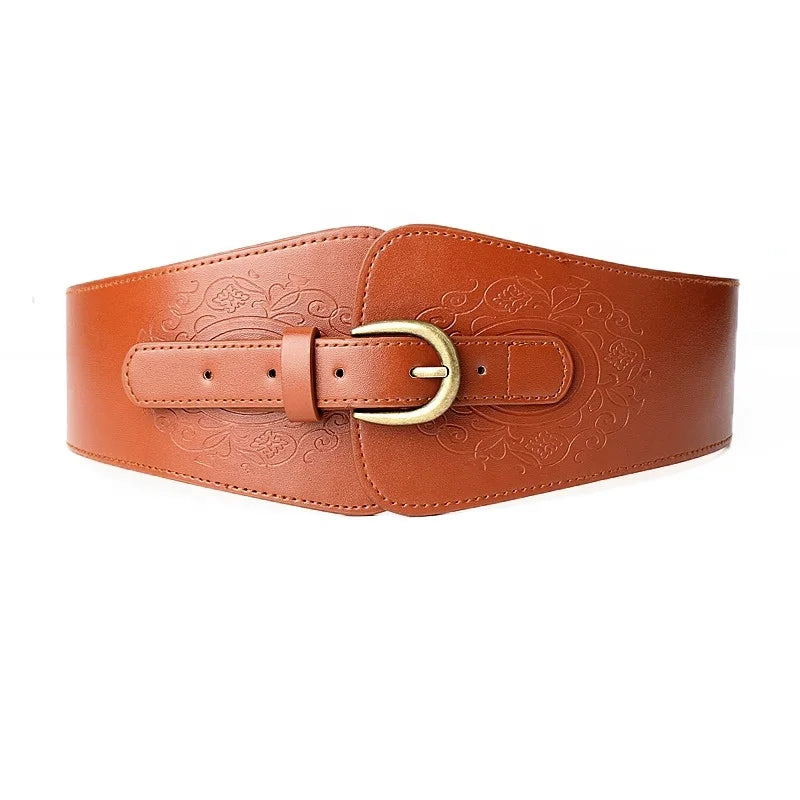 Retro Style Ladies PU Leather Belt Simple Elastic Wide Waist Seal with Alloy Buckle Fashionable Daily Decorative Accessories