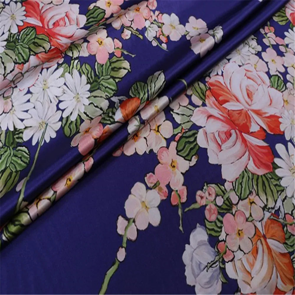 Fashion Japanese Hand Paint Flower Print Style Luxury Elastic Silk Stretch Satin Fabric for Lady Mermaid Dress Clothing